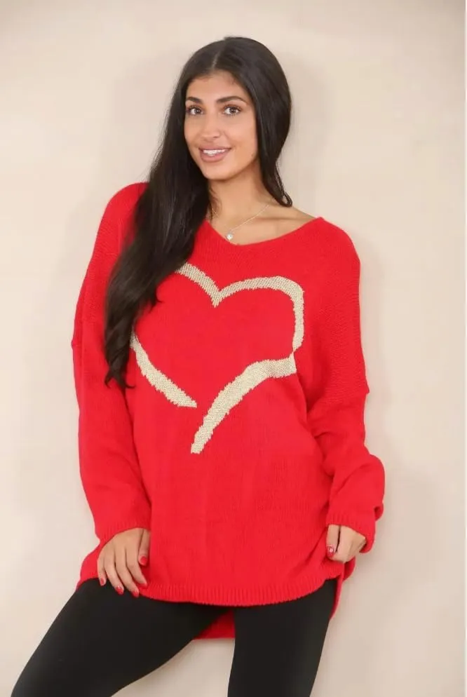 Womens Italian Knitted Oversized Lagenlook Big Heart Print Jumper