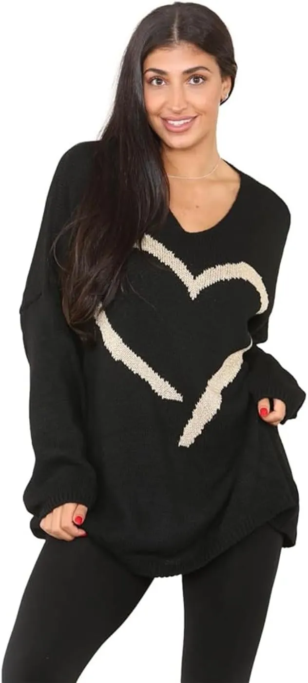 Womens Italian Knitted Oversized Lagenlook Big Heart Print Jumper