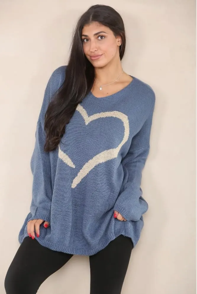 Womens Italian Knitted Oversized Lagenlook Big Heart Print Jumper