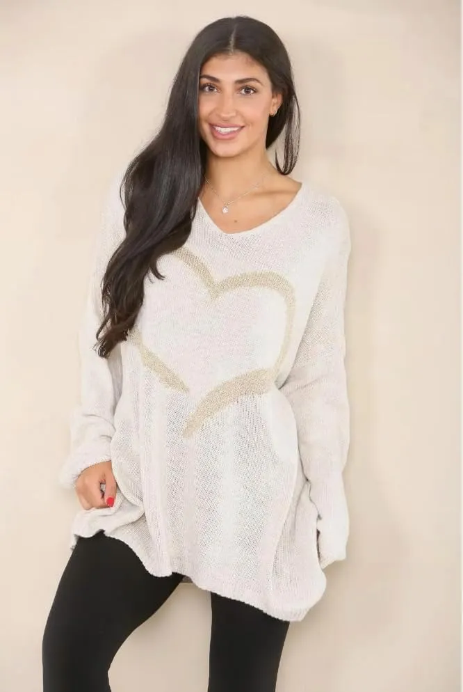 Womens Italian Knitted Oversized Lagenlook Big Heart Print Jumper