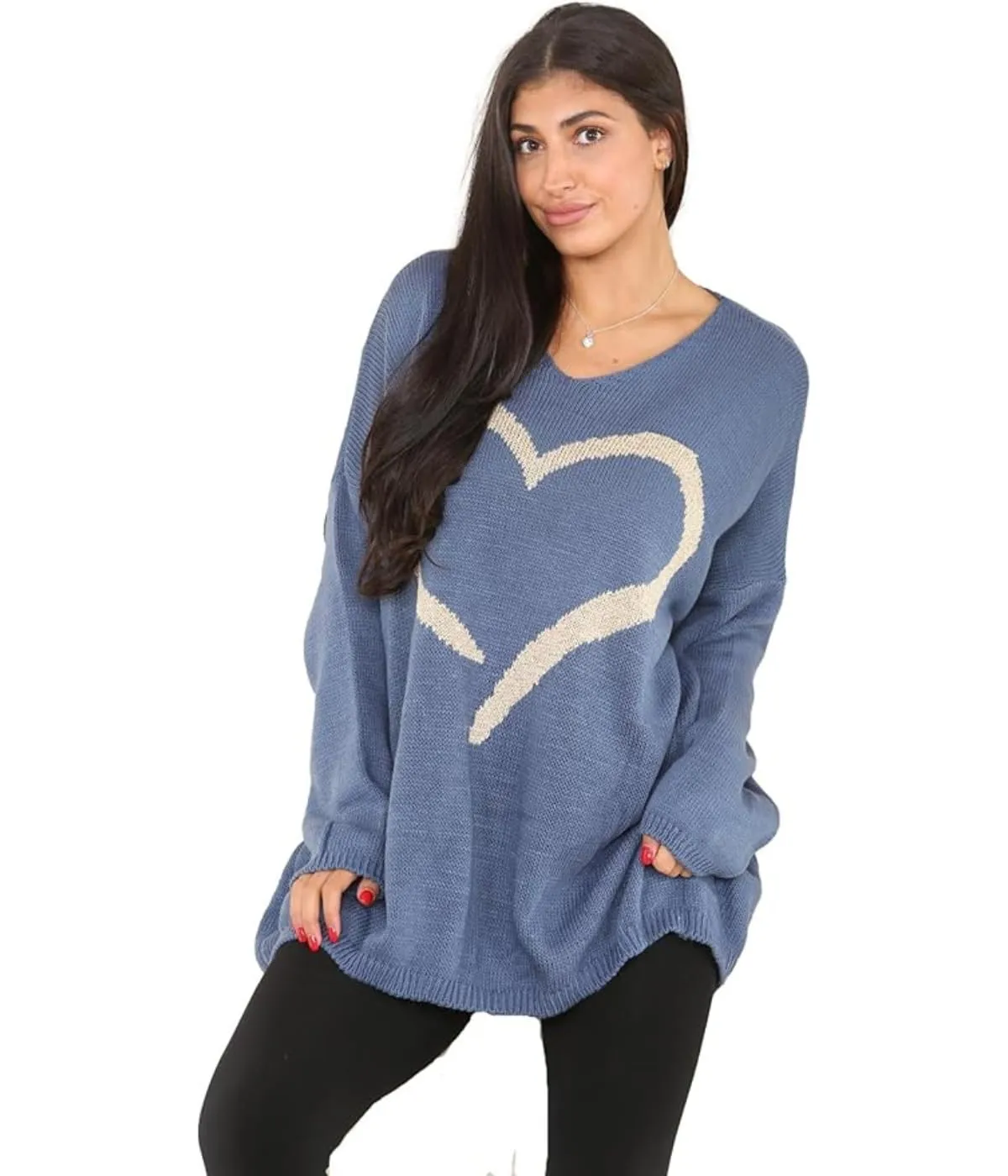 Womens Italian Knitted Oversized Lagenlook Big Heart Print Jumper