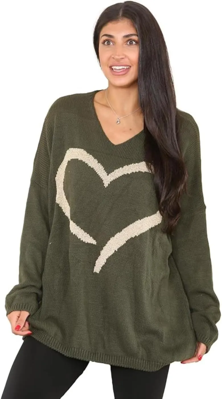 Womens Italian Knitted Oversized Lagenlook Big Heart Print Jumper