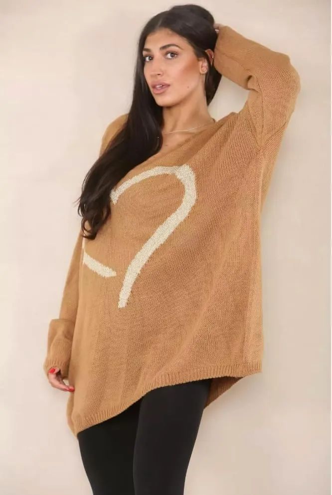 Womens Italian Knitted Oversized Lagenlook Big Heart Print Jumper