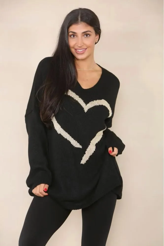 Womens Italian Knitted Oversized Lagenlook Big Heart Print Jumper