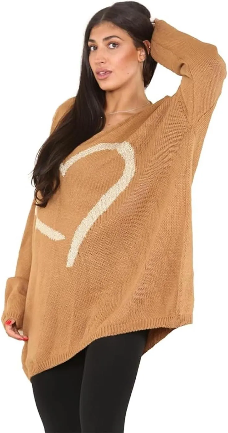 Womens Italian Knitted Oversized Lagenlook Big Heart Print Jumper