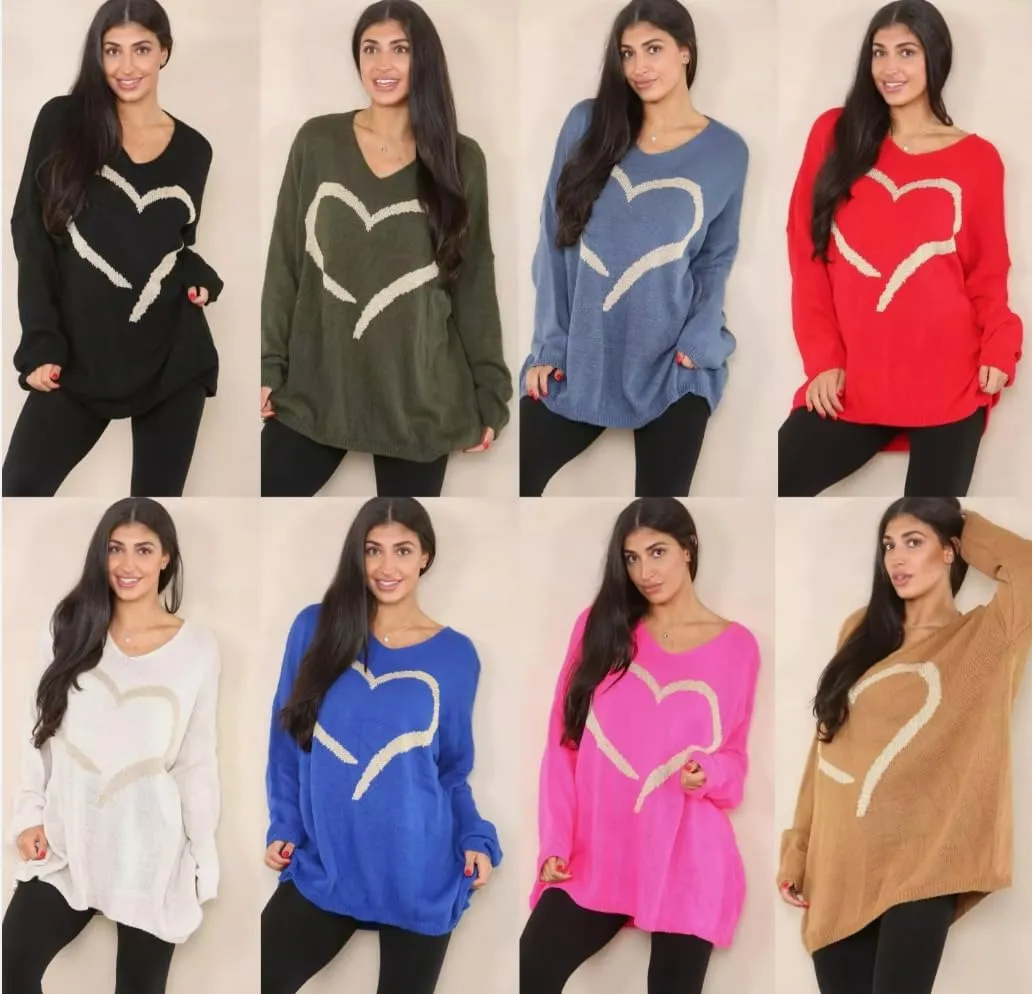 Womens Italian Knitted Oversized Lagenlook Big Heart Print Jumper