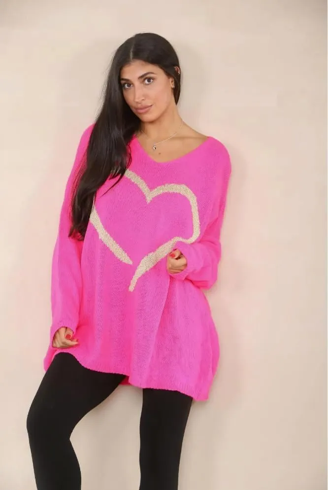 Womens Italian Knitted Oversized Lagenlook Big Heart Print Jumper