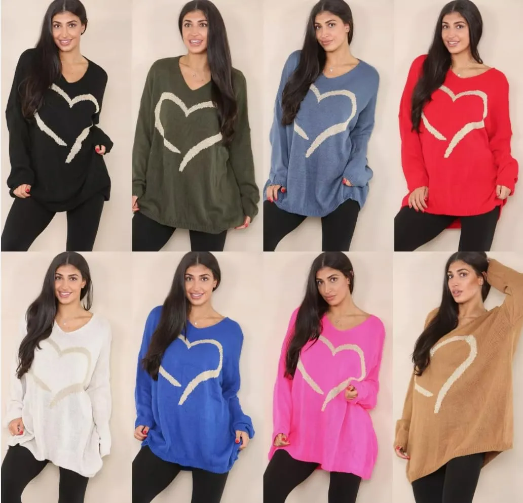 Womens Italian Knitted Oversized Lagenlook Big Heart Print Jumper