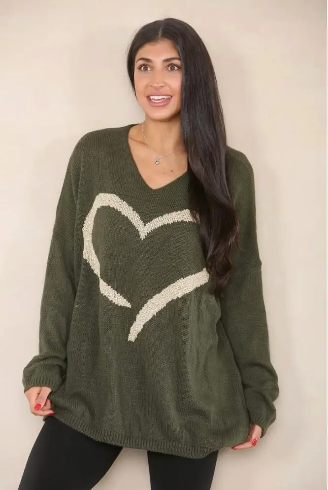 Womens Italian Knitted Oversized Lagenlook Big Heart Print Jumper