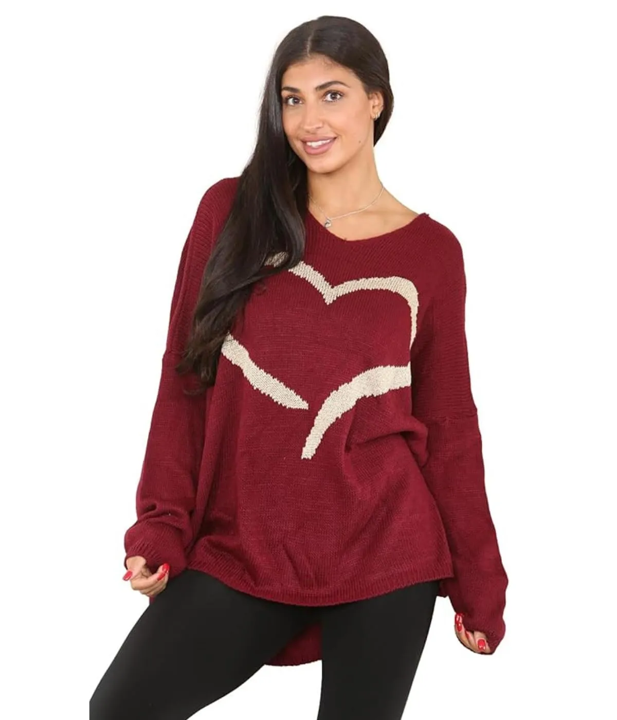 Womens Italian Knitted Oversized Lagenlook Big Heart Print Jumper