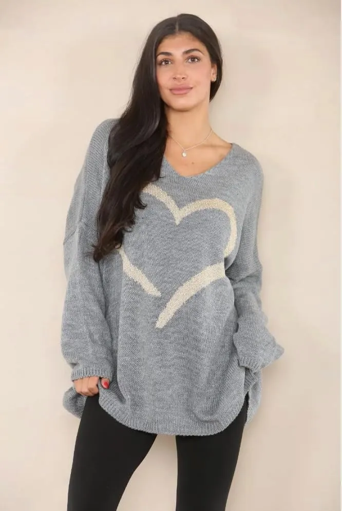 Womens Italian Knitted Oversized Lagenlook Big Heart Print Jumper