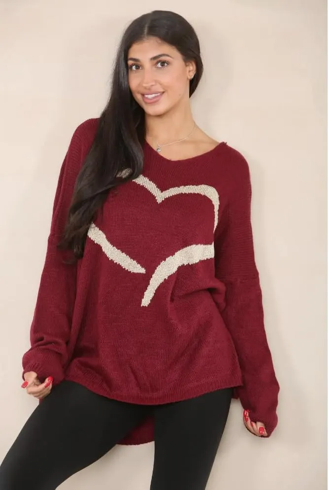 Womens Italian Knitted Oversized Lagenlook Big Heart Print Jumper