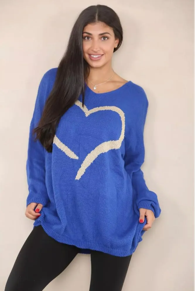 Womens Italian Knitted Oversized Lagenlook Big Heart Print Jumper