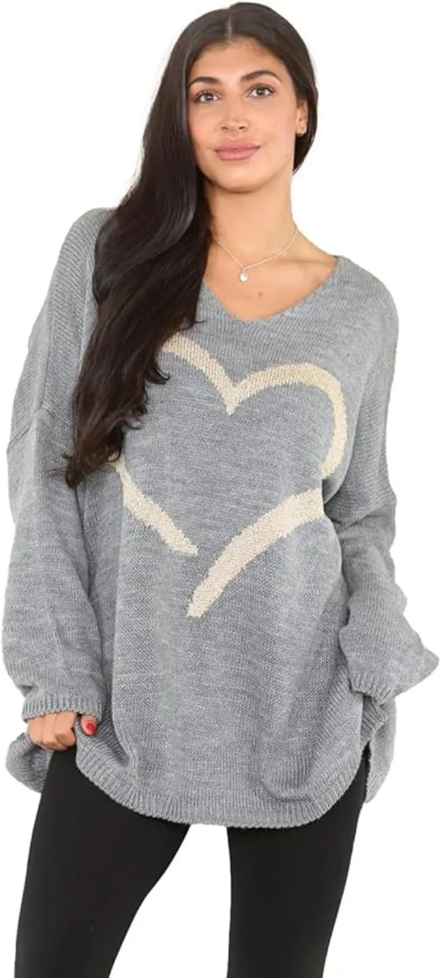 Womens Italian Knitted Oversized Lagenlook Big Heart Print Jumper