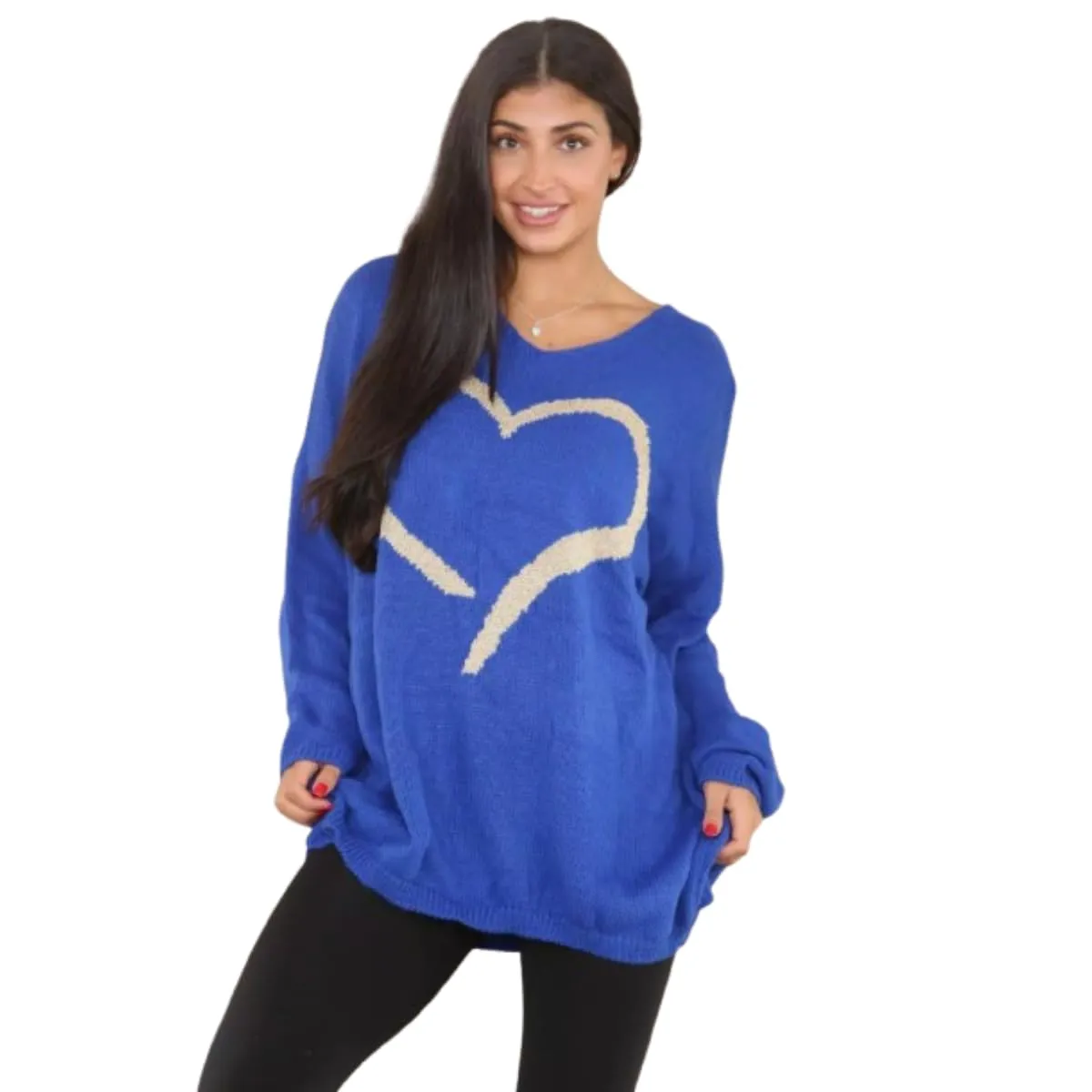 Womens Italian Knitted Oversized Lagenlook Big Heart Print Jumper