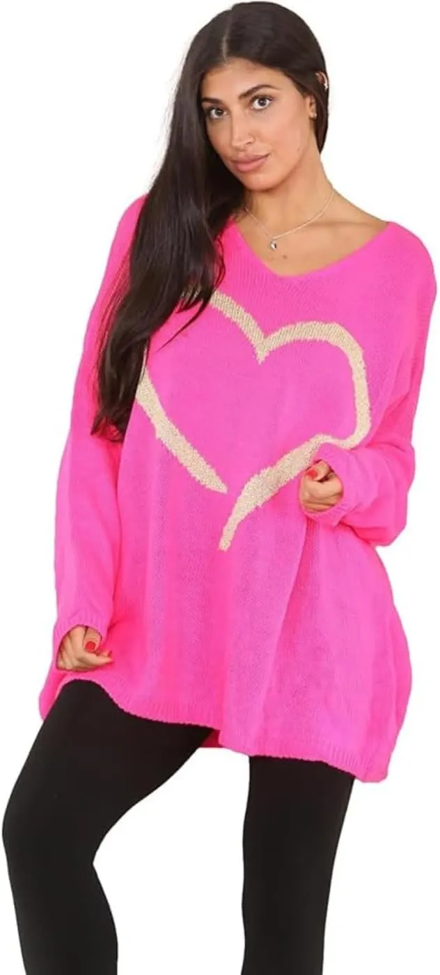 Womens Italian Knitted Oversized Lagenlook Big Heart Print Jumper
