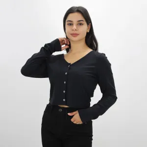 Women's Ribbed Bottuns V-Neck Top,Black