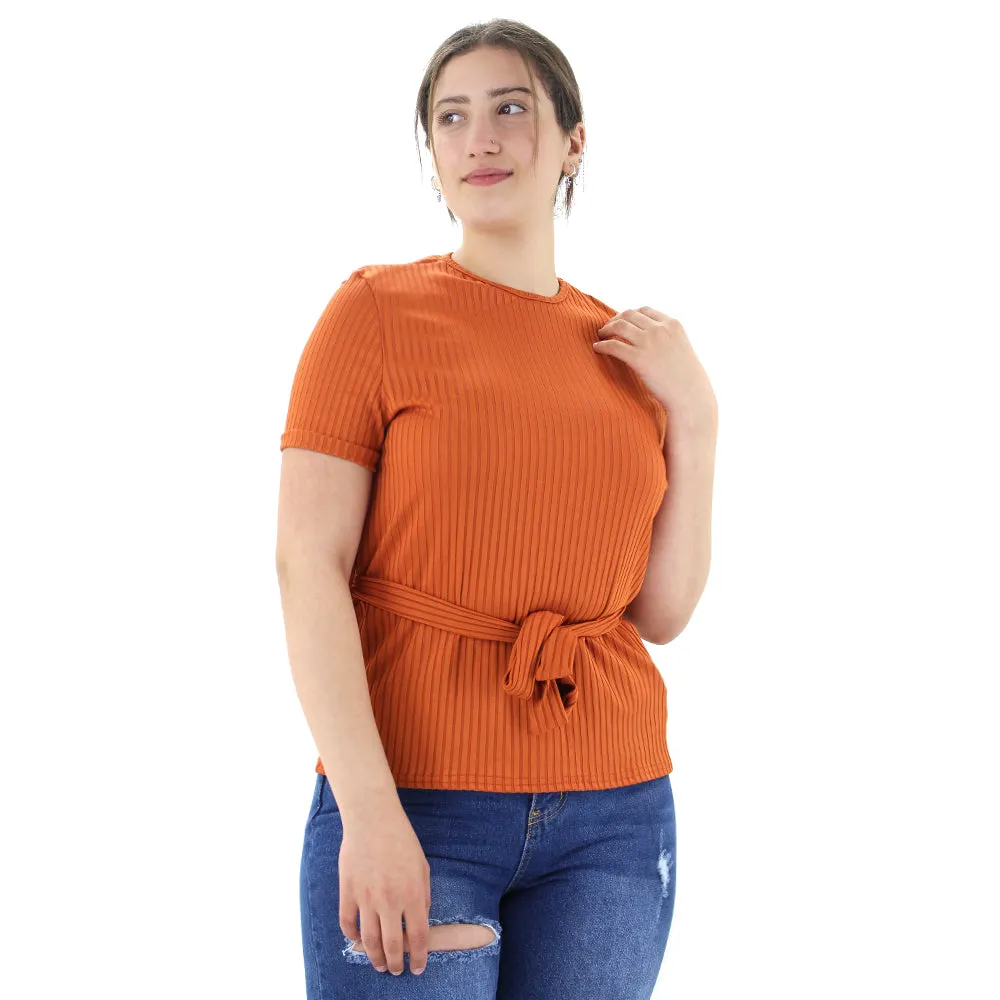 Women's Ribbed Top With Belt,Brick