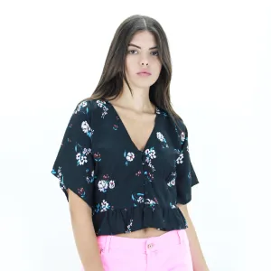 Women's Satin Floral Crop Top,Black