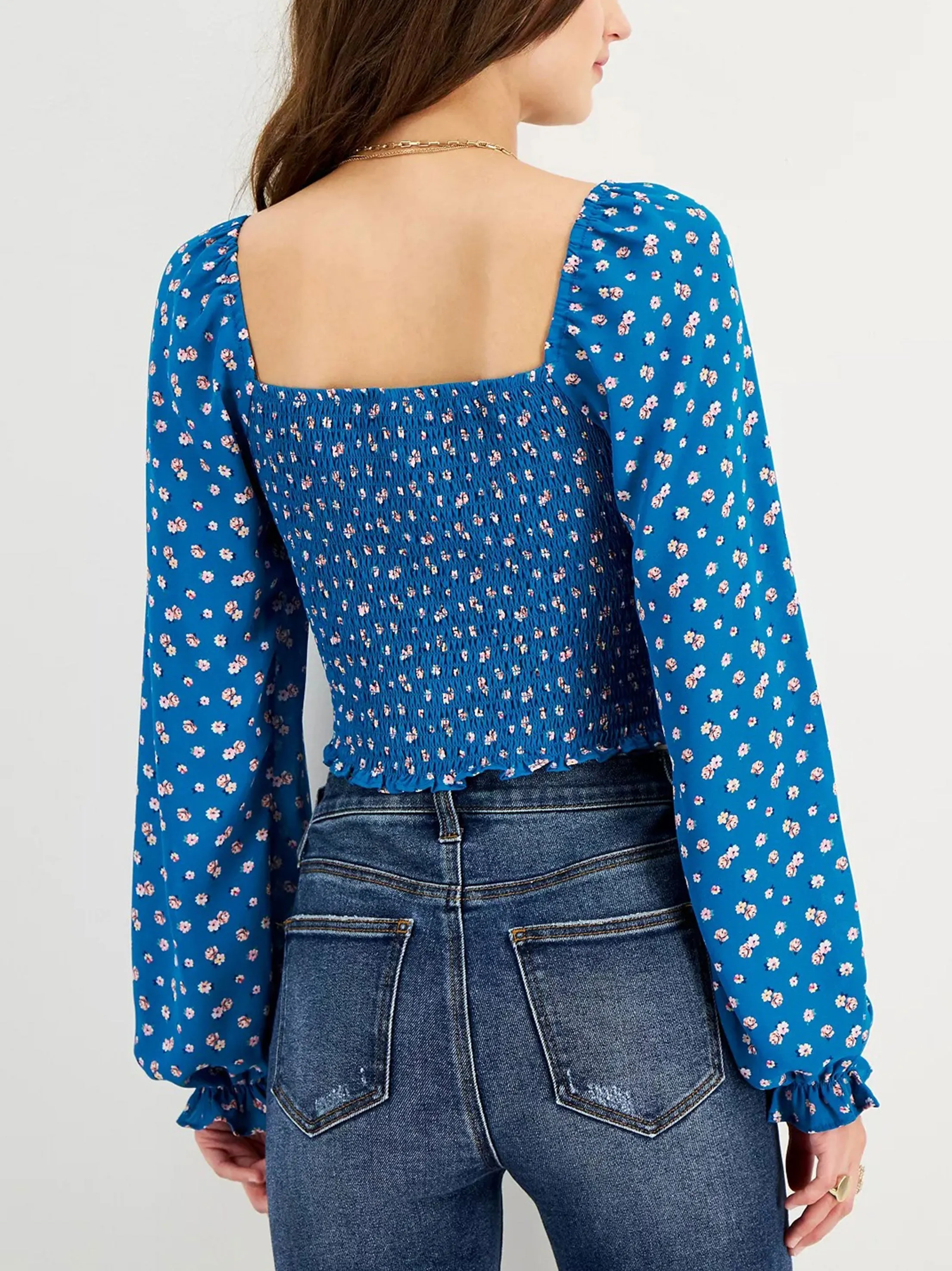 Women's Square Neckline Floral Top,Blue