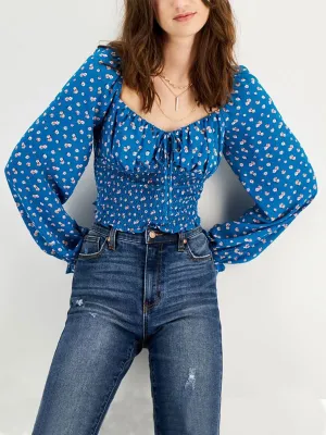 Women's Square Neckline Floral Top,Blue