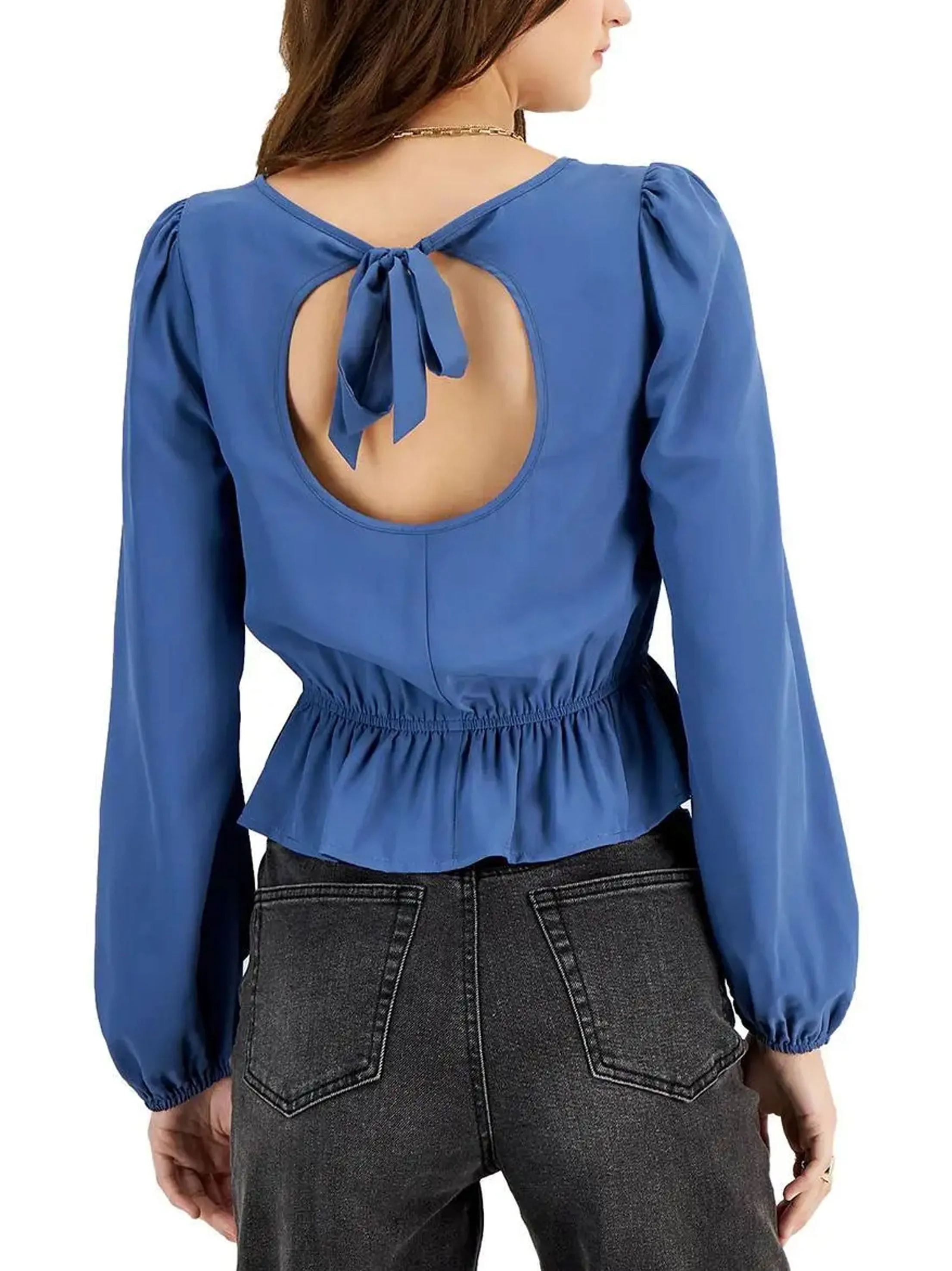 Women's Sweetheart Puff Sleeve Peplum Top,Blue