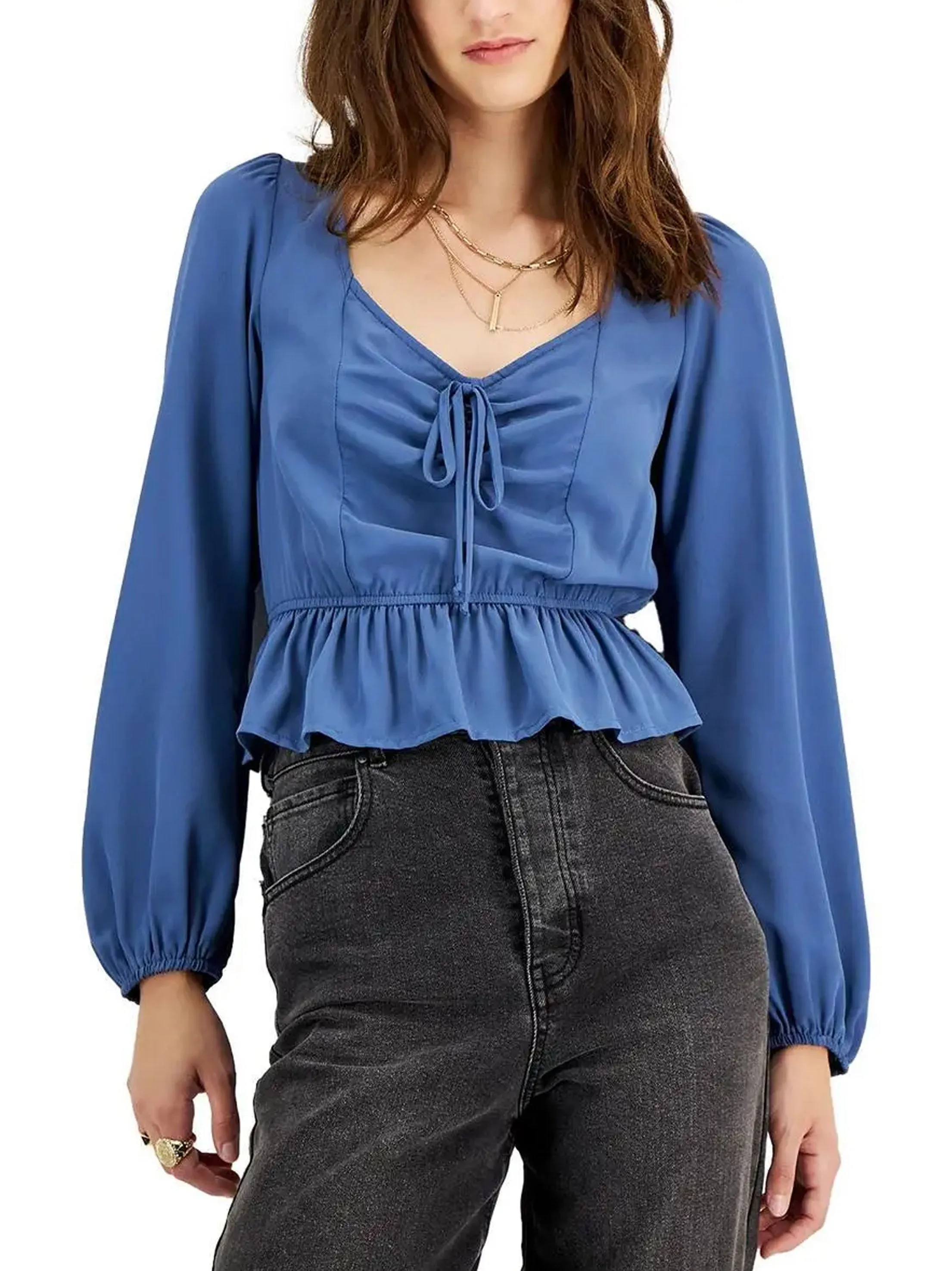 Women's Sweetheart Puff Sleeve Peplum Top,Blue