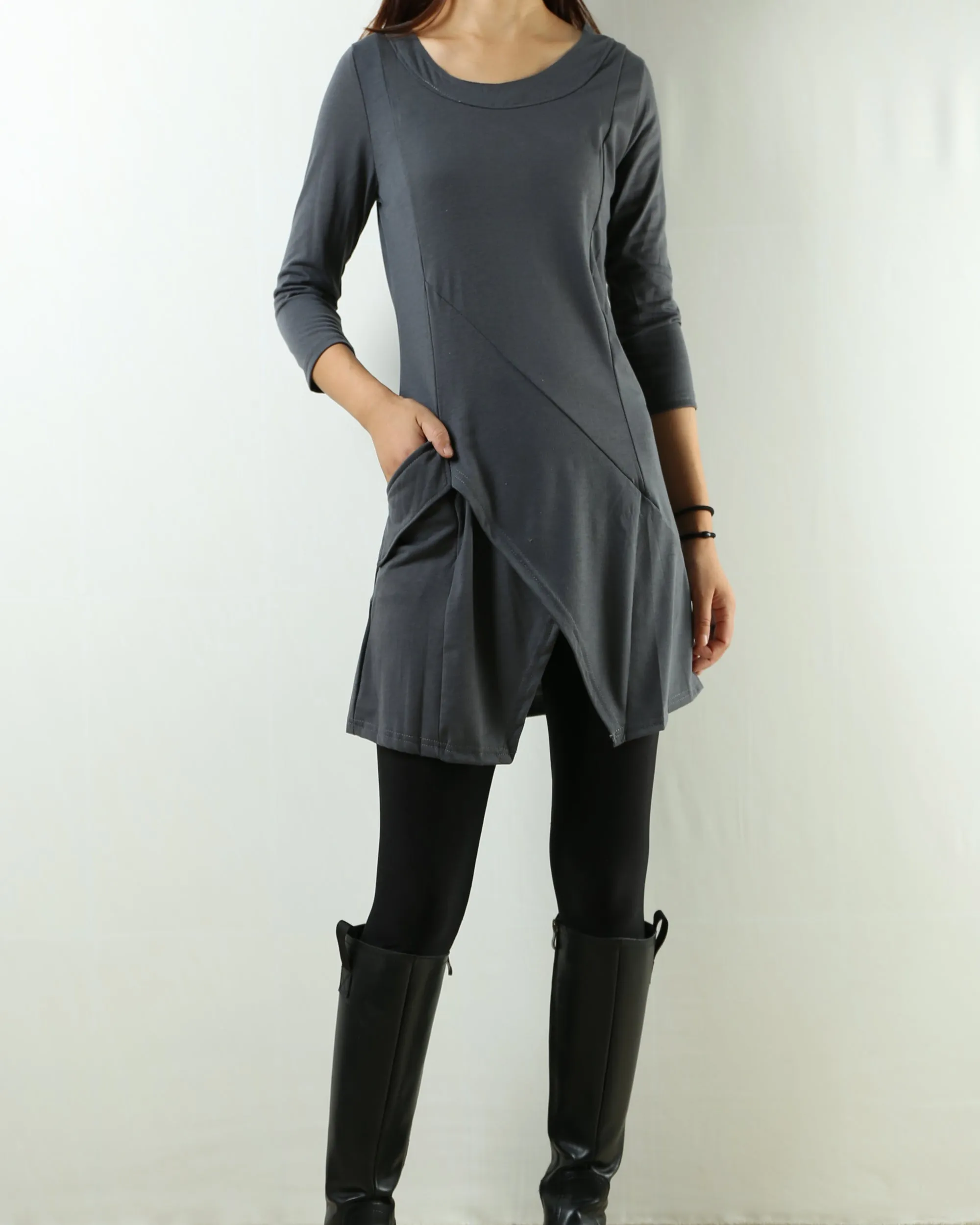 Womens tunic dress/3/4 sleeve crew neck tunic top/oversized dress/A-line casual dress (Q1943)