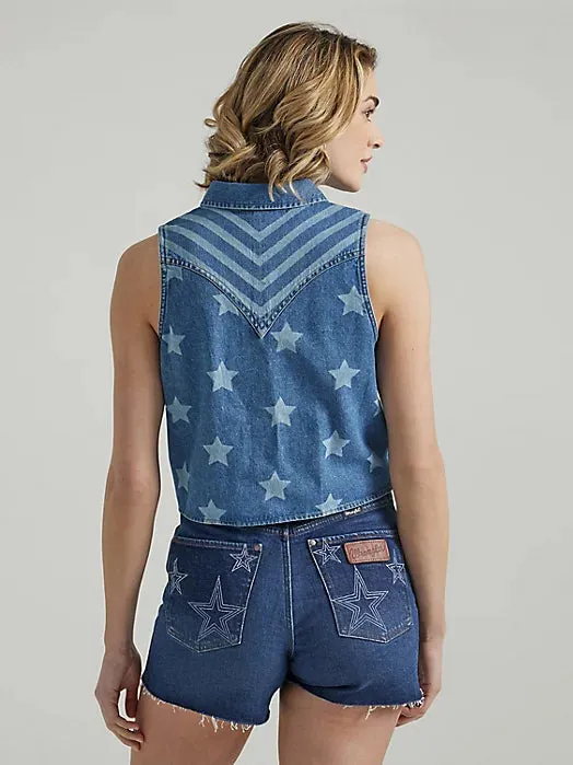 Wrangler Retro Women's Starry Denim Tie Front Tank in Anthem Blue