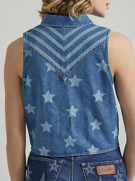 Wrangler Retro Women's Starry Denim Tie Front Tank in Anthem Blue