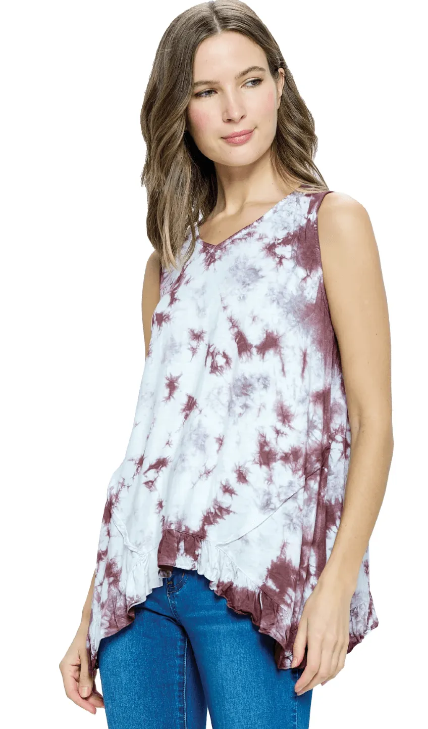 Yak Yeti Tank Top Tie Dye Ruffled Hem 23163-MRN