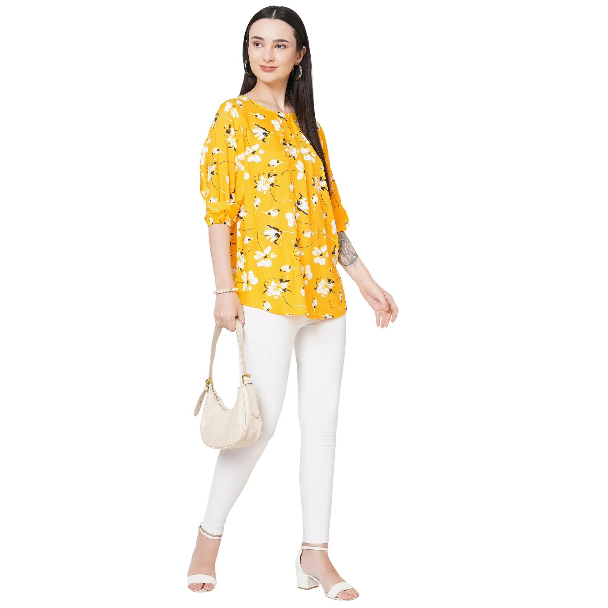 Yellow Floral Printed Top For Women