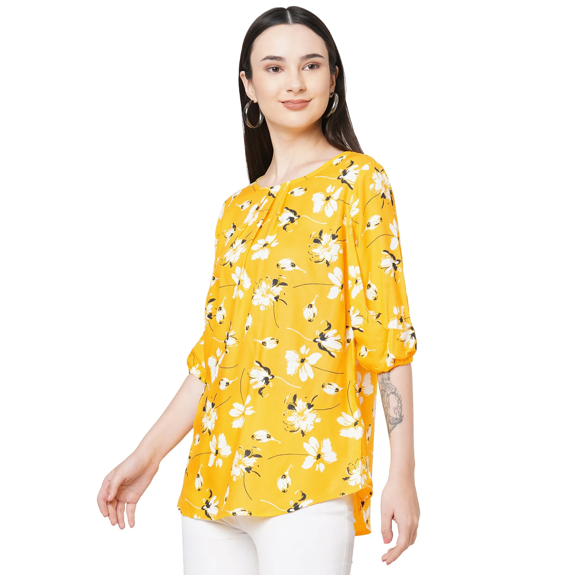 Yellow Floral Printed Top For Women