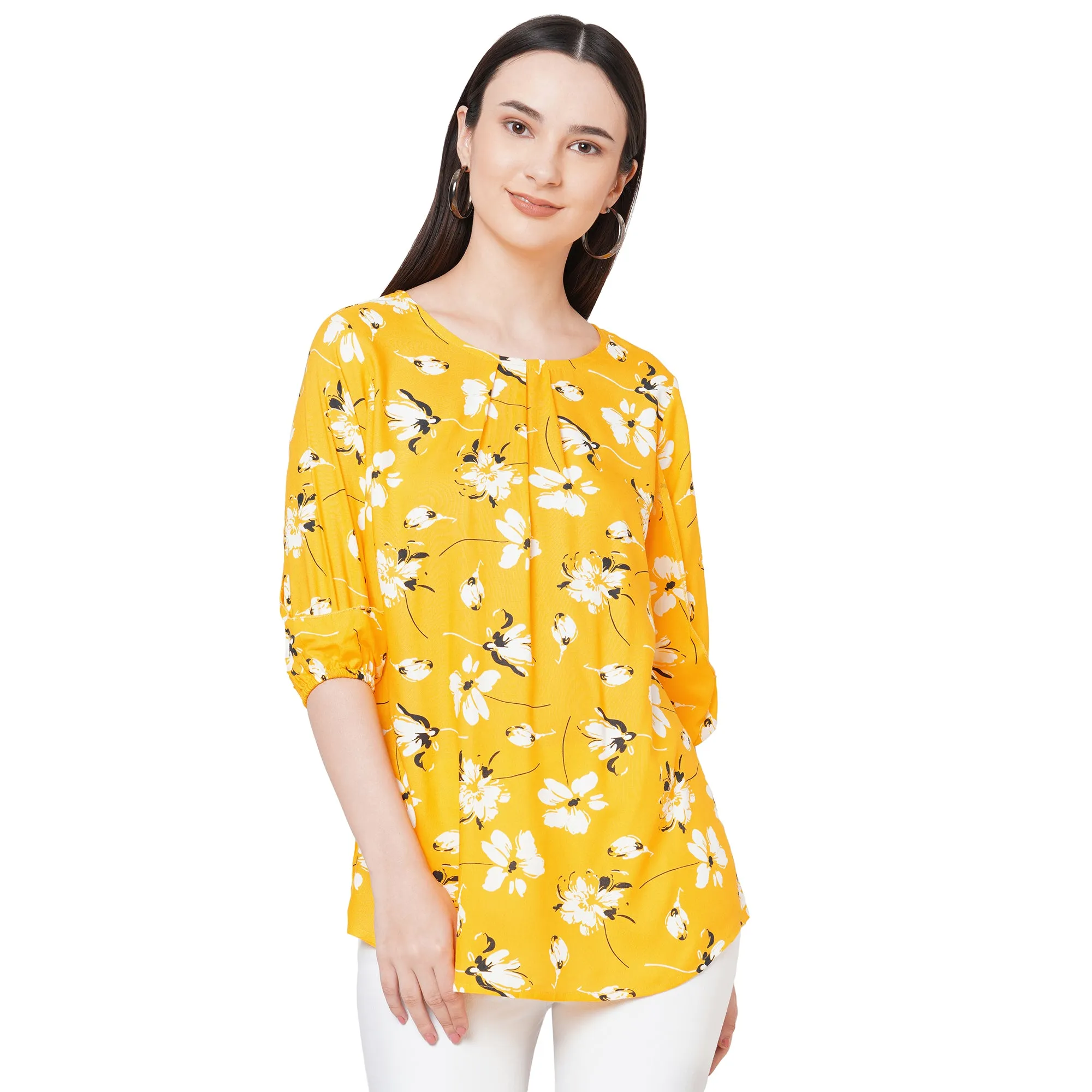 Yellow Floral Printed Top For Women