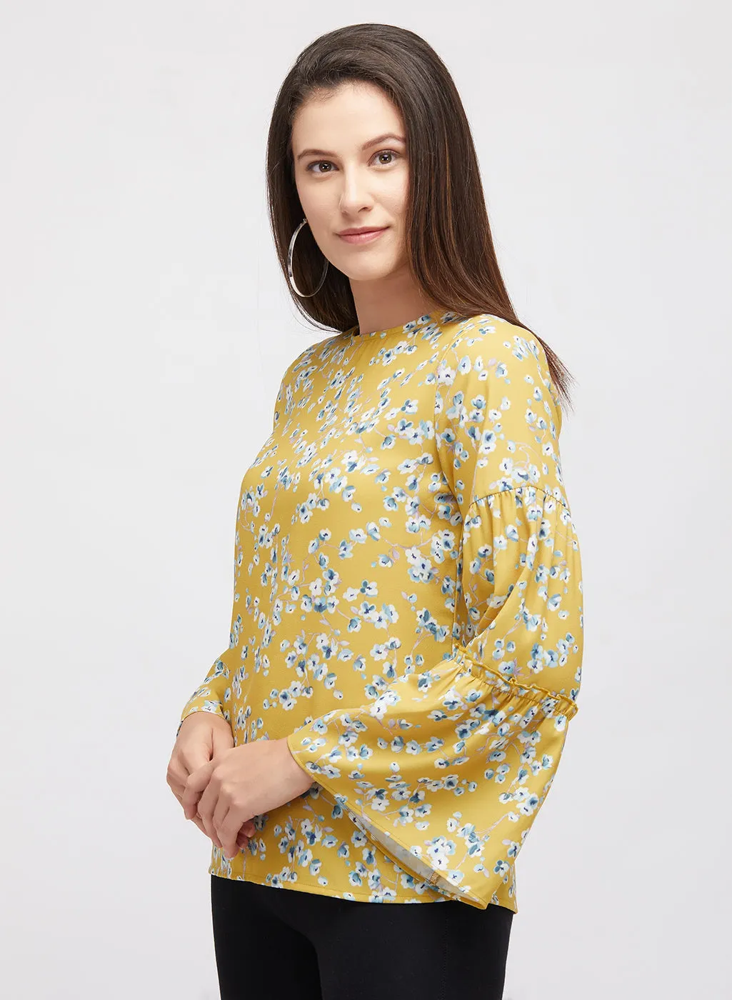 Yellow Floral Printed Top With Bell Sleeves
