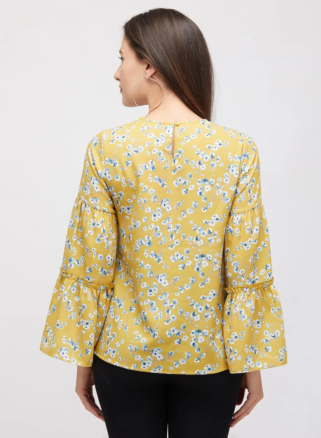 Yellow Floral Printed Top With Bell Sleeves