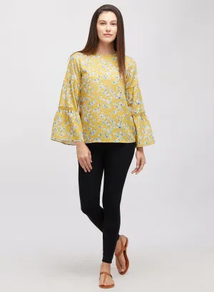 Yellow Floral Printed Top With Bell Sleeves