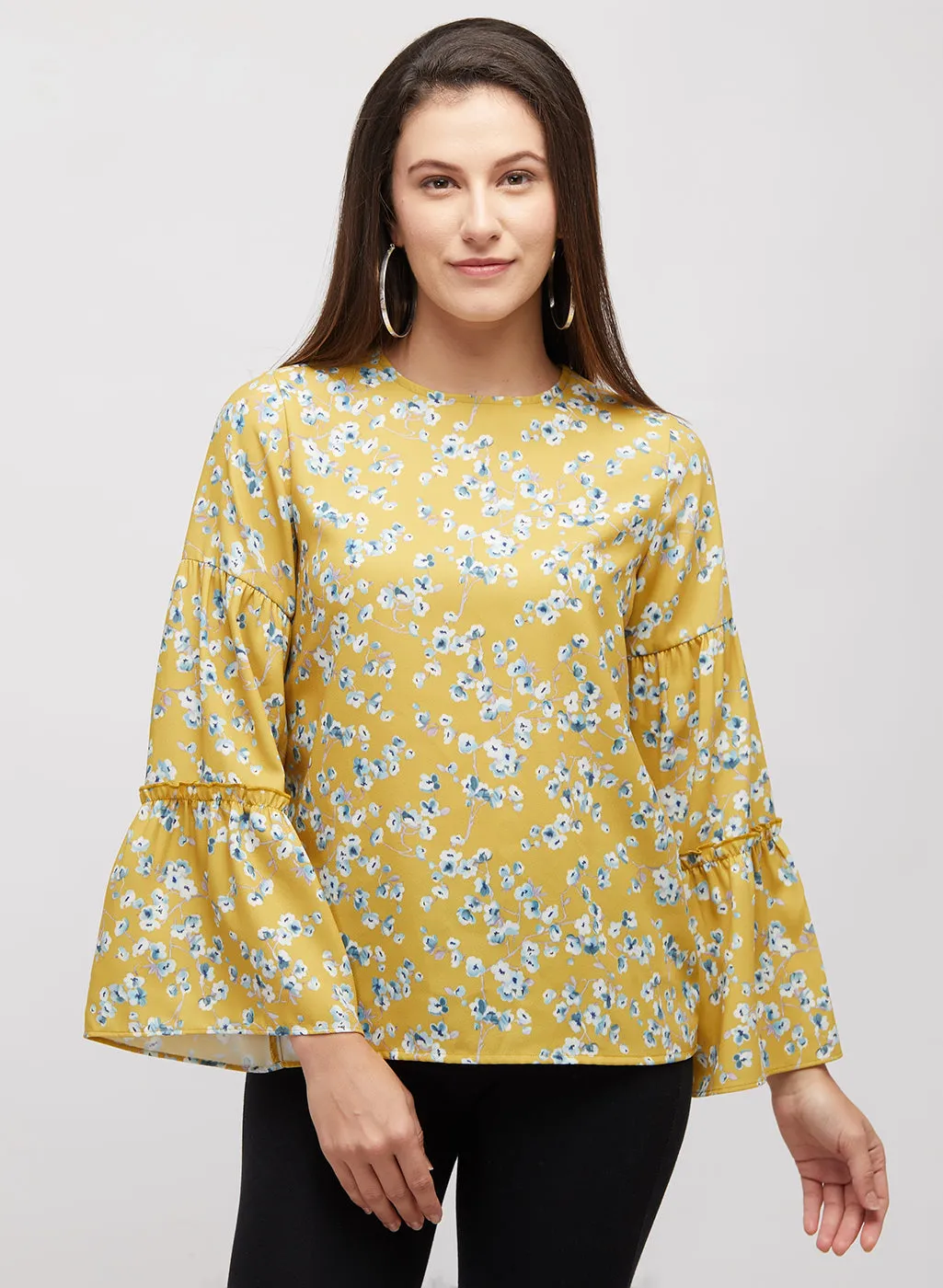 Yellow Floral Printed Top With Bell Sleeves