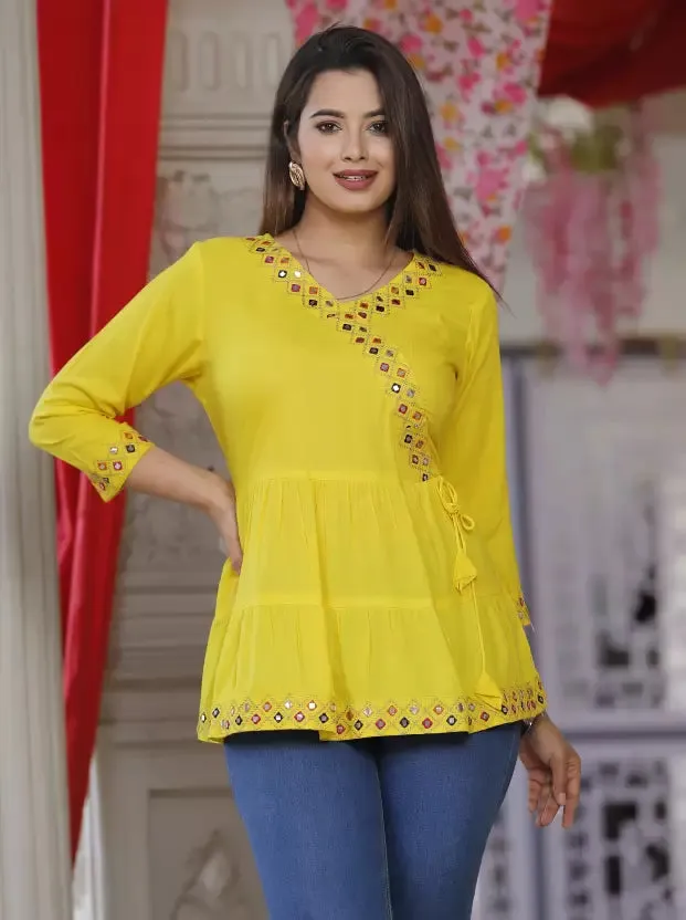 Yellow Rayon Top with Embroidery