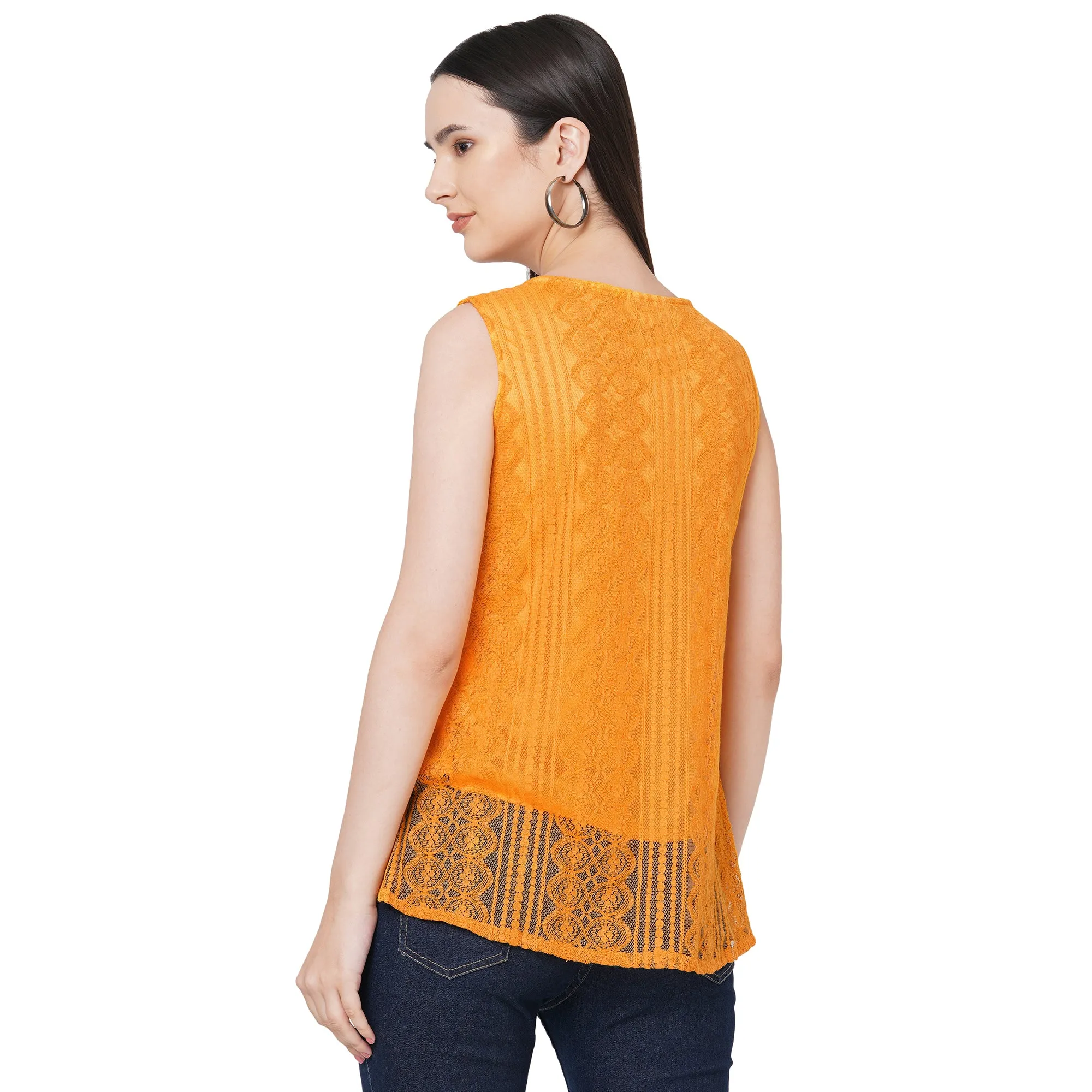 Yellow Roud Neck Embroidered Top For Women