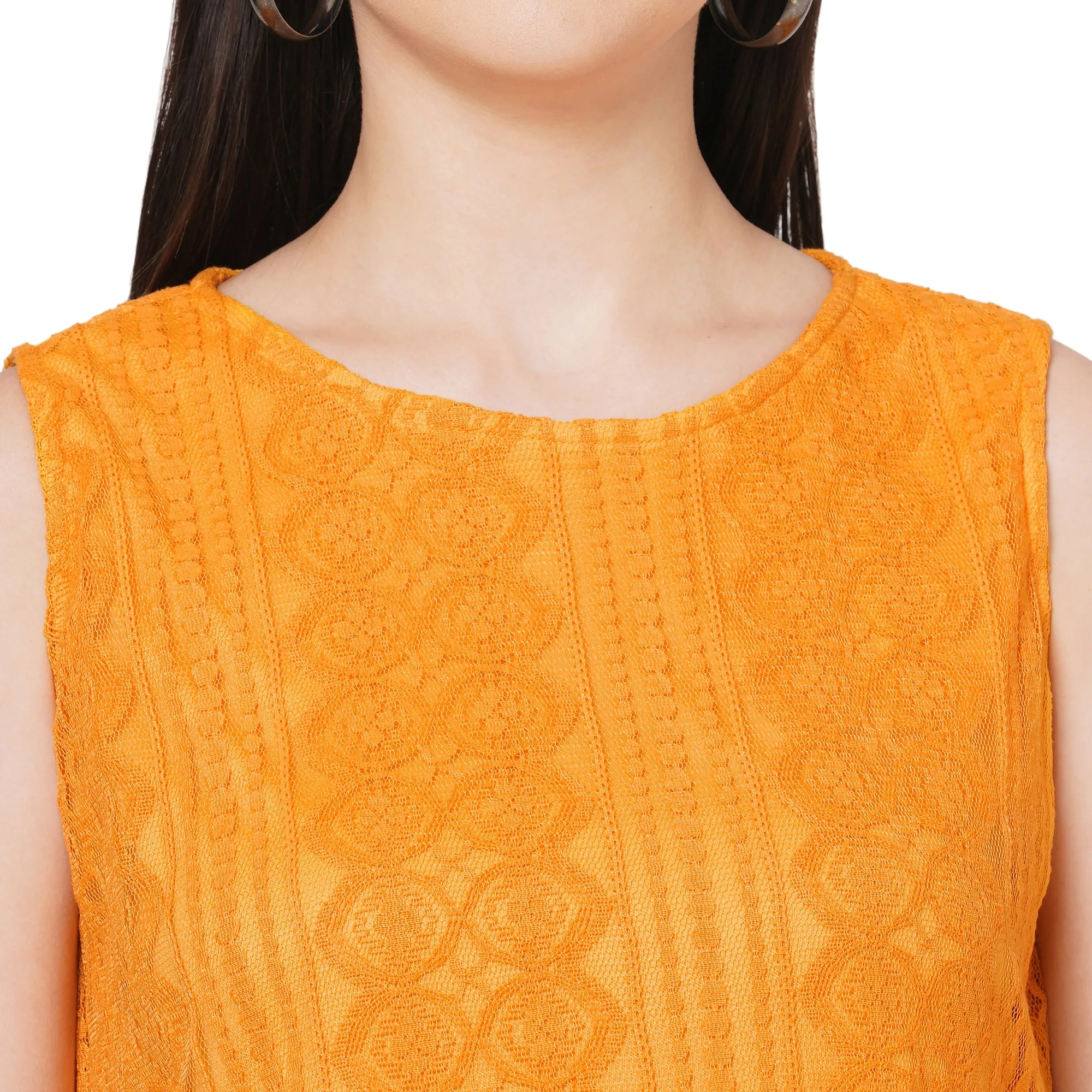 Yellow Roud Neck Embroidered Top For Women