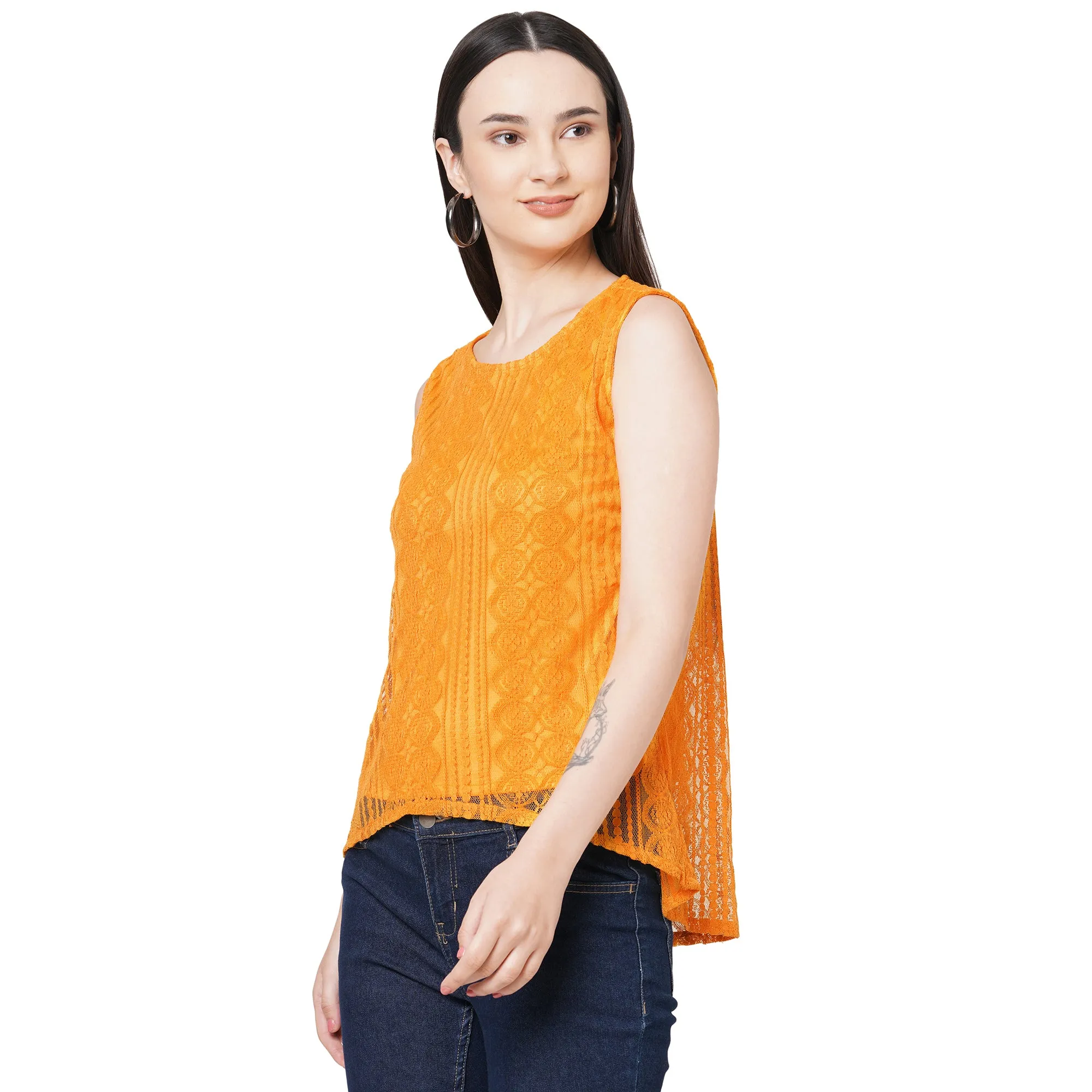 Yellow Roud Neck Embroidered Top For Women
