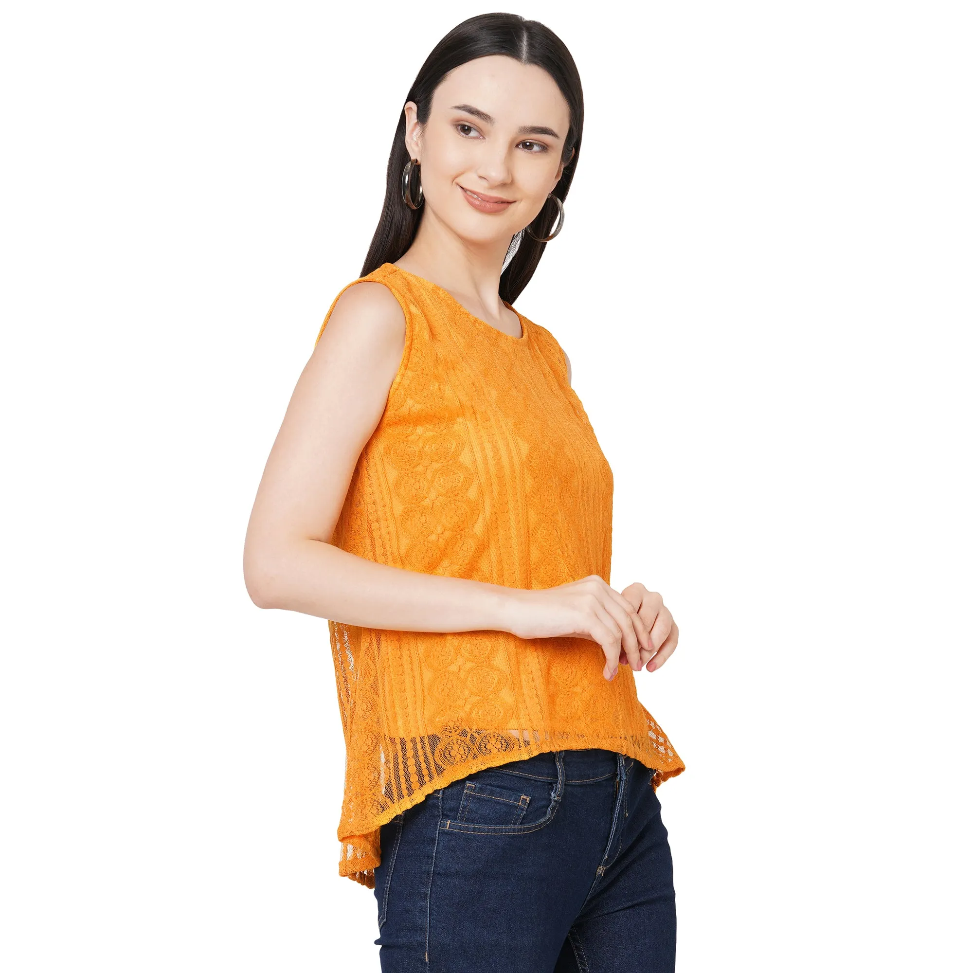 Yellow Roud Neck Embroidered Top For Women