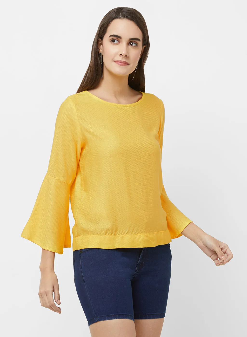 Yellow Self Design Top With Bell Sleeves