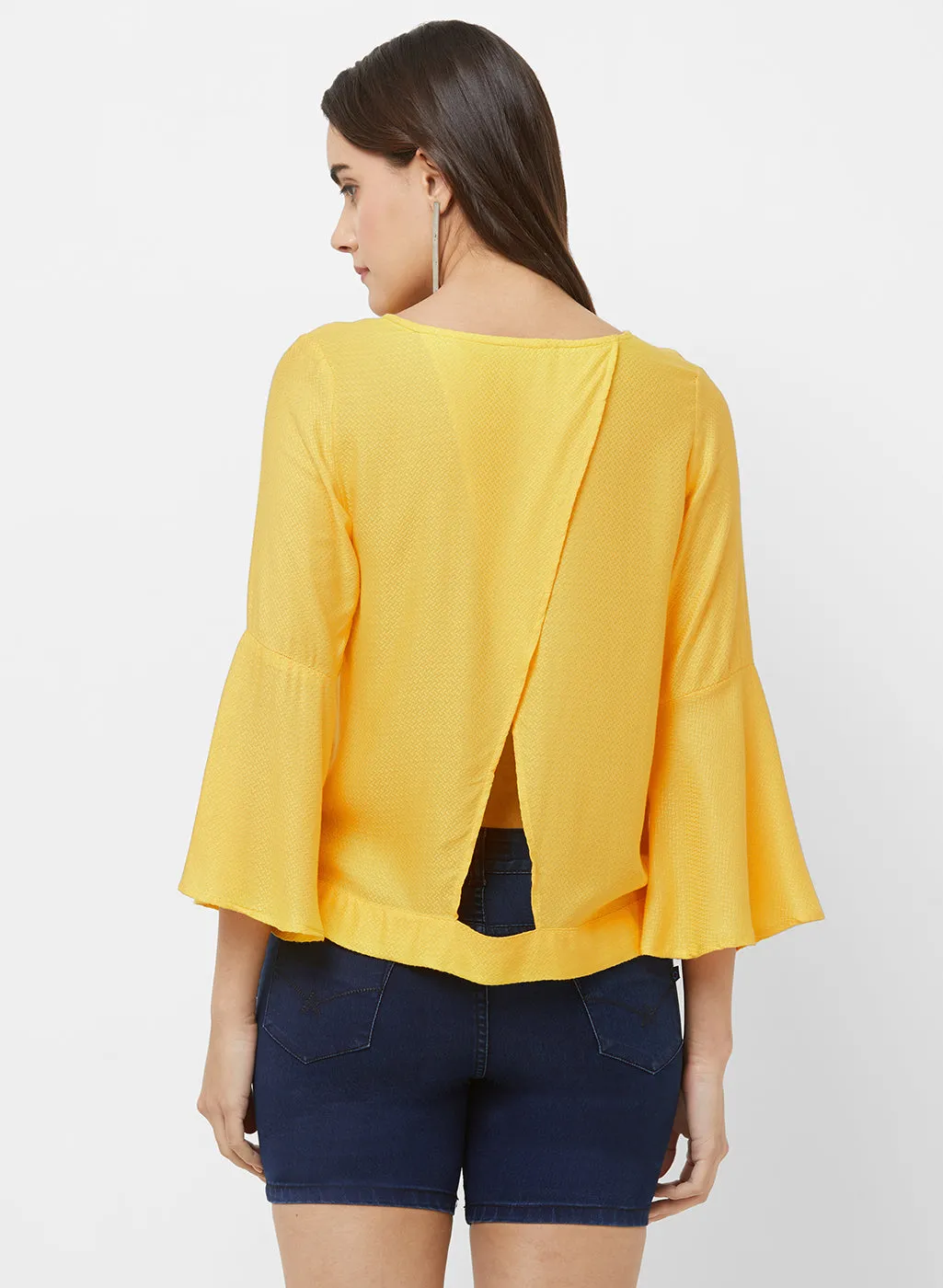 Yellow Self Design Top With Bell Sleeves