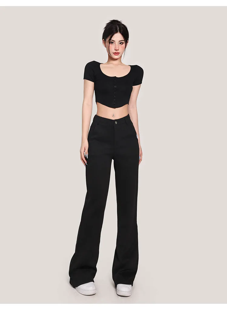 Yielle Solid Color Button Up Short Sleeve Slim Top