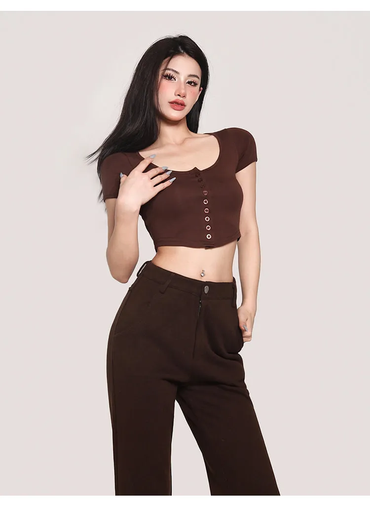 Yielle Solid Color Button Up Short Sleeve Slim Top