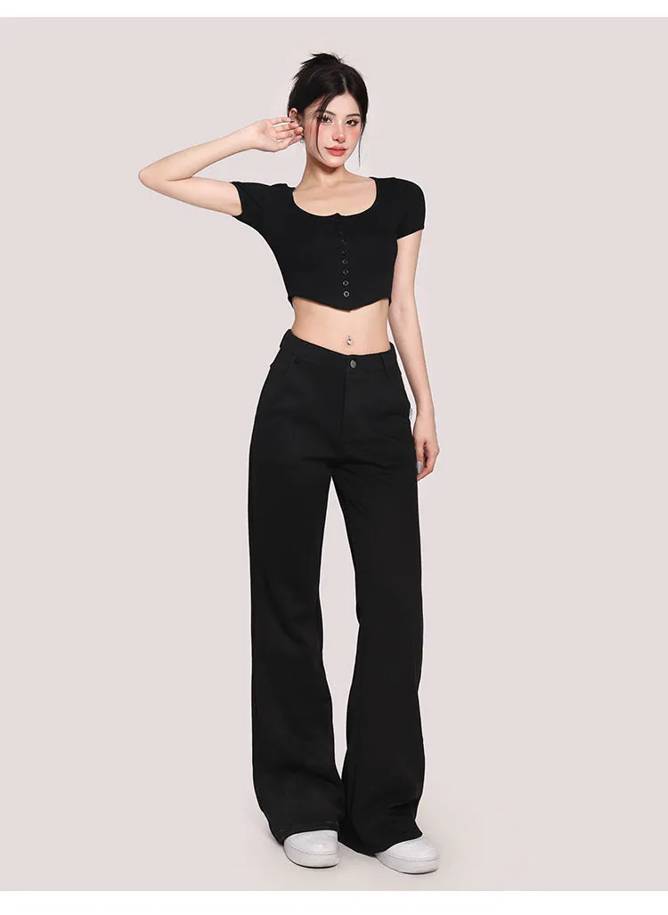 Yielle Solid Color Button Up Short Sleeve Slim Top