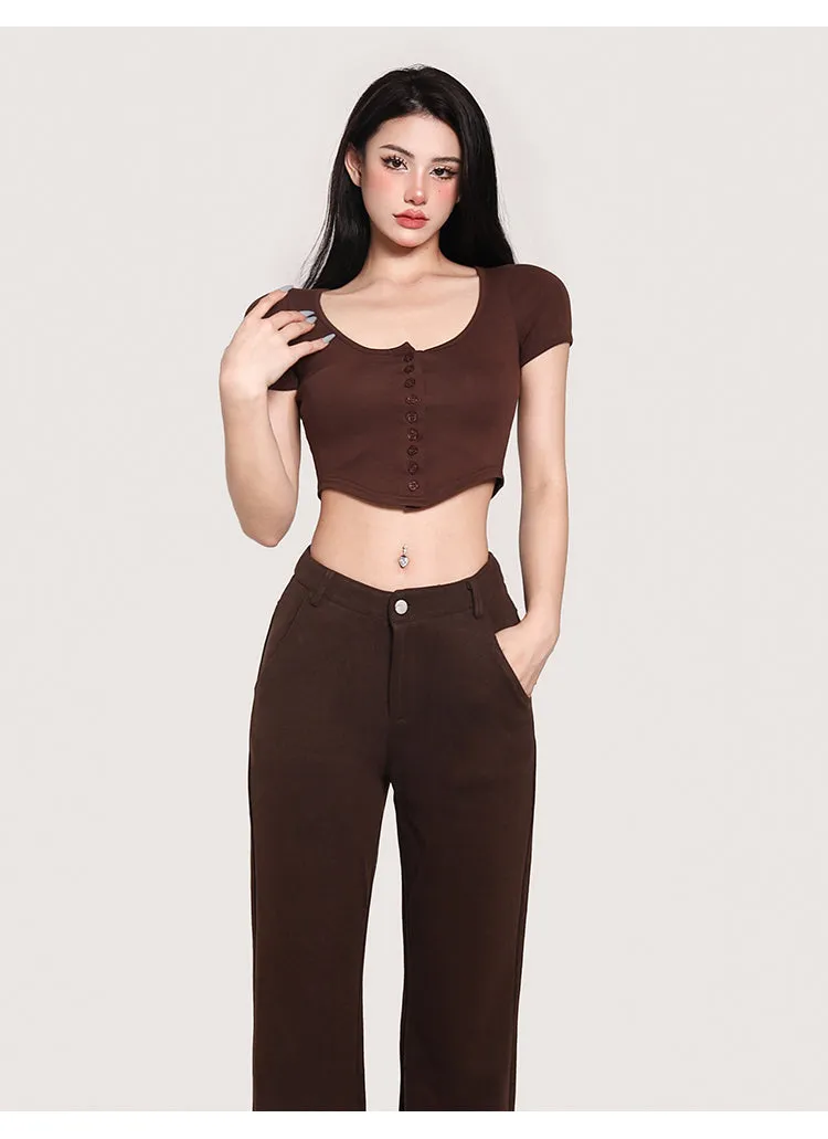 Yielle Solid Color Button Up Short Sleeve Slim Top