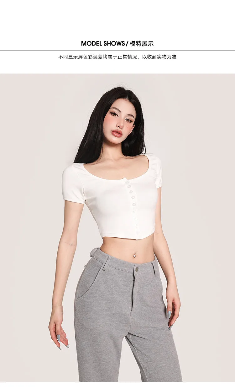 Yielle Solid Color Button Up Short Sleeve Slim Top